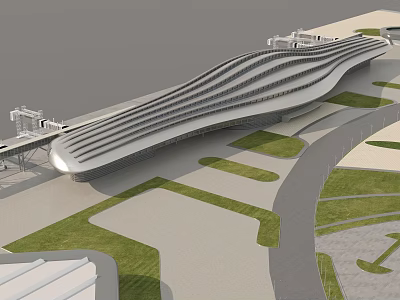 Modern Streamlined Terminal Building Design With Green Landscaping And Roadway Surroundings 3d model
