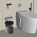 Modern White Toilet With Steel Trash Can Wall Mounted Toilet Paper Holder In Tiled Bathroom
