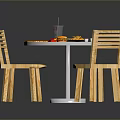 Round Red Dining Table With Three Wooden Chairs And Fast Food On Top