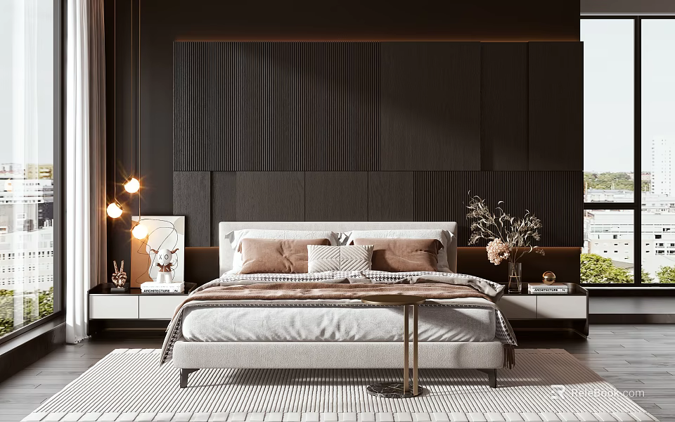 White Double Bed with Brown Pillows and Dark Striped Headboard Wall in Modern Bedroom 3d model 