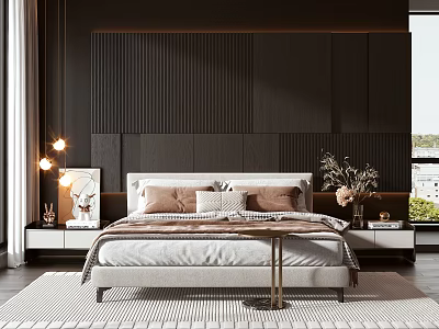 White Double Bed with Brown Pillows and Dark Striped Headboard Wall in Modern Bedroom 3d model