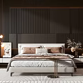 White Double Bed with Brown Pillows and Dark Striped Headboard Wall in Modern Bedroom