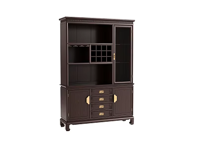 Dark Wooden Wine Cabinet with Glass Doors Wine Racks Drawers and Gold Handles 3d model