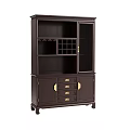 Dark Wooden Wine Cabinet with Glass Doors Wine Racks Drawers and Gold Handles