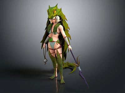 Fantasy Female Game Character With Green Dragon Headpiece Feathered Armor Tail And Spear 3d model