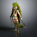 Fantasy Female Game Character With Green Dragon Headpiece Feathered Armor Tail And Spear