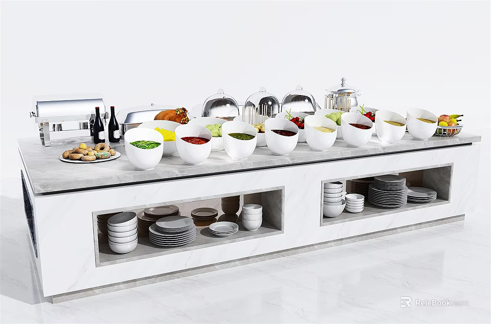 Buffet Table With White Bowls Various Foods Chafing Dishes And Shelved Utensils 3d model 
