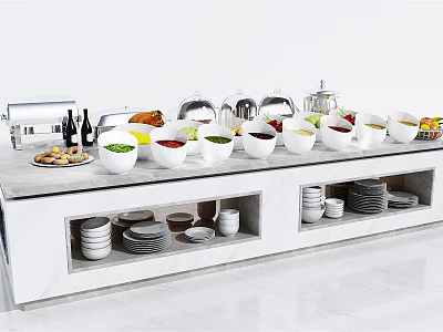 Buffet Table With White Bowls Various Foods Chafing Dishes And Shelved Utensils 3d model