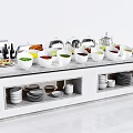 Buffet Table With White Bowls Various Foods Chafing Dishes And Shelved Utensils
