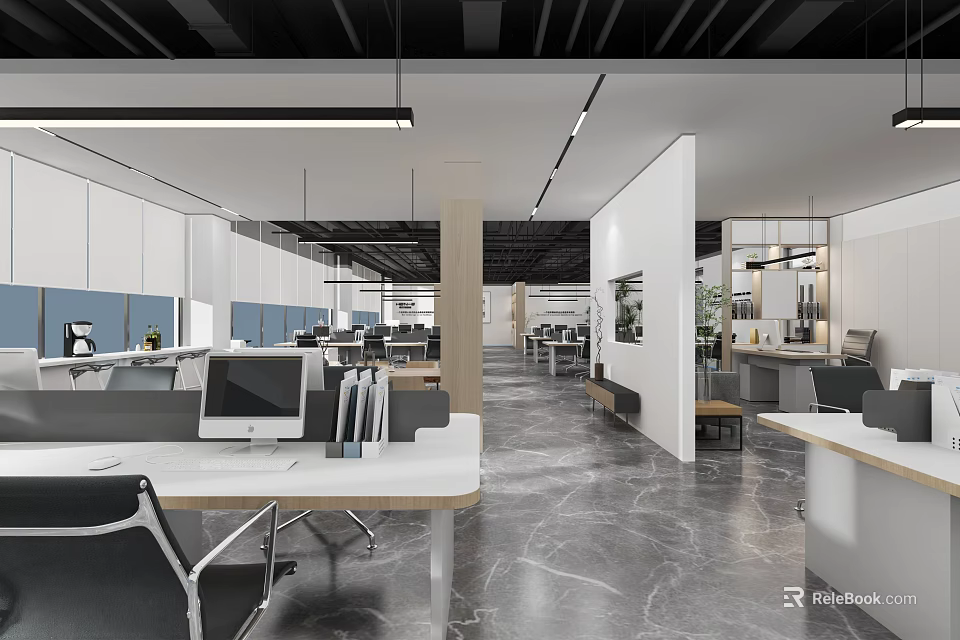 Modern Public Office Space Design With Open Layout Desks Computers And Lighting 3d model 