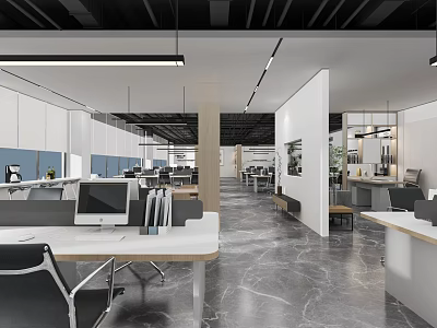 Modern Public Office Space Design With Open Layout Desks Computers And Lighting 3d model