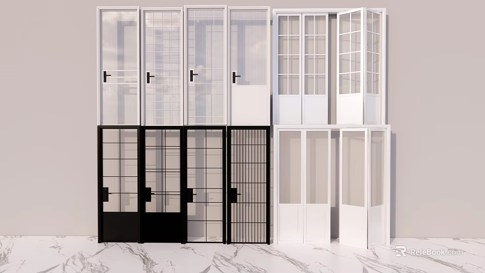 Modern Hinged Doors With Various Designs White Black Glass Panels And Grilles 3d model 