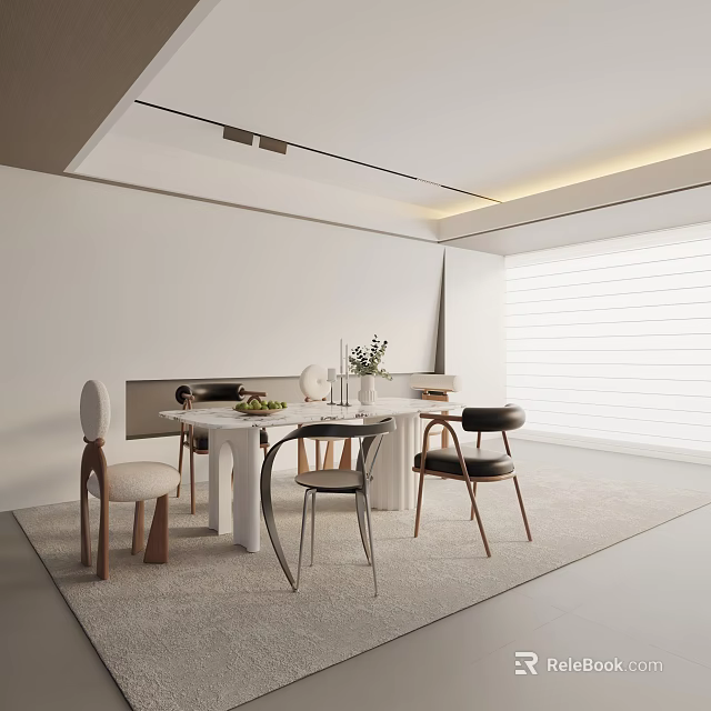 Modern Dining Table Set With White Black Chairs And Potted Plant In Sunlit Room 3d model 