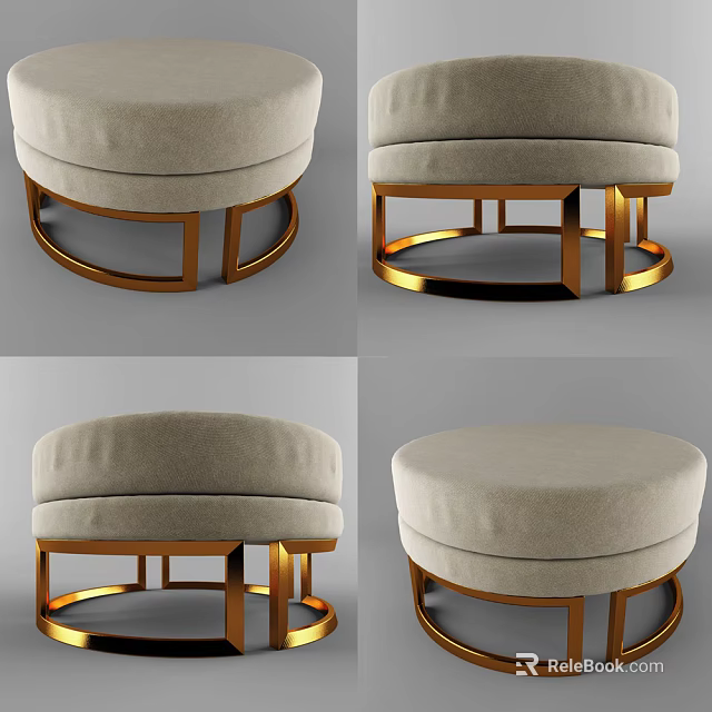 Elegant Round Ottoman With Beige Cushion And Gold Metal Frame Design 3d model 
