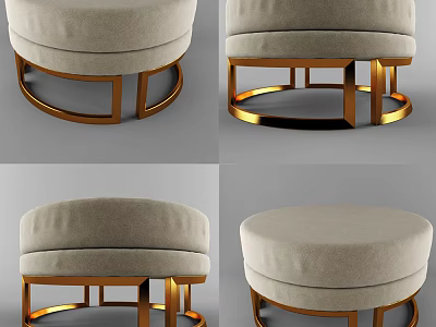 Elegant Round Ottoman With Beige Cushion And Gold Metal Frame Design 3d model