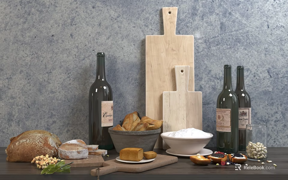 Fresh Homemade Bread with Wine Bottles Cutting Boards Flour and Nuts 3d model 