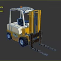Yellow And White Forklift With Orange Top Light And Metal Front Forks