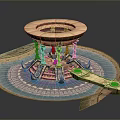 Scenic Circular Building Landscape With Blue Water Red Pillars And Wooden Platforms