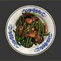 Stir Fried Green Beans with Bacon and Red Chili Peppers on Blue White Patterned Plate
