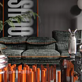 Modern Living and Dining Area With Black Walls Orange Chairs Sofa Coffee Table And Artwork
