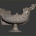 Silver Ship Shaped Decorative Vessel With Carved Details And Ornate Base