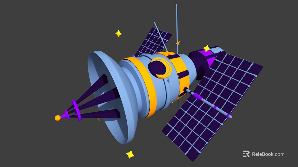 Cartoon Satellite With Blue Yellow Purple Colors And Solar Panels In Space 3d model 