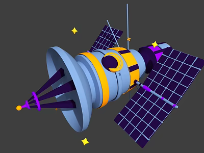 Cartoon Satellite With Blue Yellow Purple Colors And Solar Panels In Space 3d model