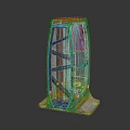 Futuristic Urban Structure With Metallic Frame Glass Panels And Red Graffiti