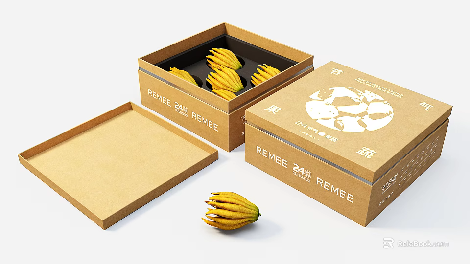 Yellow Decorative Ornament Set With Brown Boxes 24K Logo Open Box And Tray 3d model 