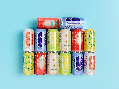Colorful Fruit Flavored Drink Cans With Various Flavors Arranged Neatly On Light Blue Background 3d model
