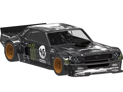 Black Modified Racing Car with Monster Energy Nitto Tire Sponsor Logos and Orange Alloy Wheels 3d model