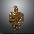 Golden Muscular Man Statue Holding Weapon With Skull Base Design