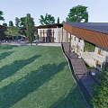Modern Guesthouse Building With Sloped Roof And Open Terrace Surrounded by Lush Green Trees