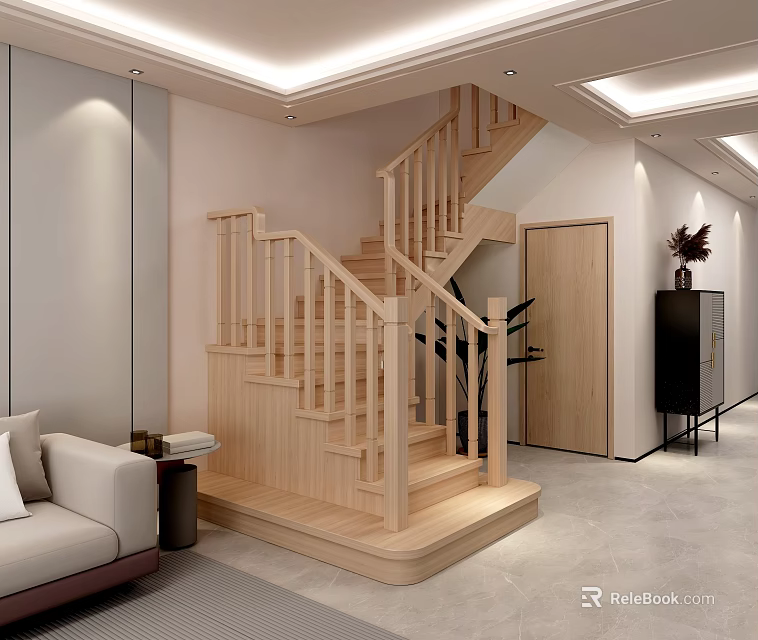 Modern Wooden Staircase in Light Colored Interior With Sofa Plant and Cabinet 3d model 