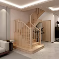 Modern Wooden Staircase in Light Colored Interior With Sofa Plant and Cabinet