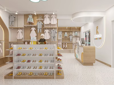 Bright Kids Clothing Store Interior With Children's Apparel Shoes And Display Racks 3d model