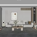 Modern Minimalist Living Room Featuring Beige Sofa Round Coffee Table Large Rug And Wall Painting