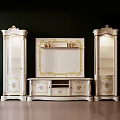 Elegant Classical TV Background Wall With White Cabinets Golden Patterns And Display Units