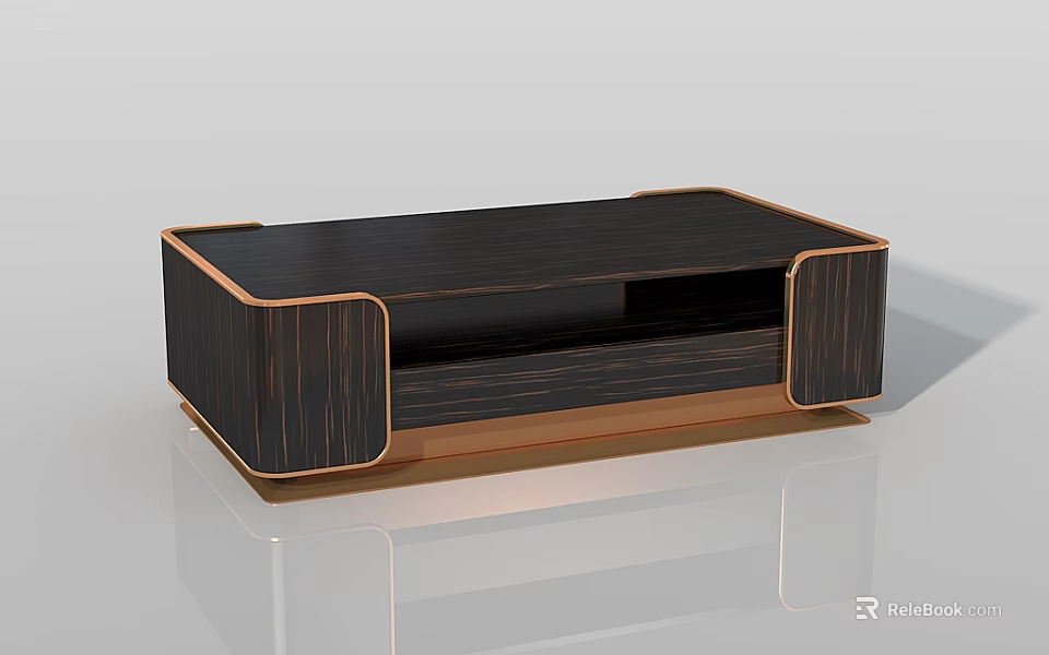 Modern Coffee Table With Dark Wood Finish And Brass Frame Lower Shelf Design 3d model 