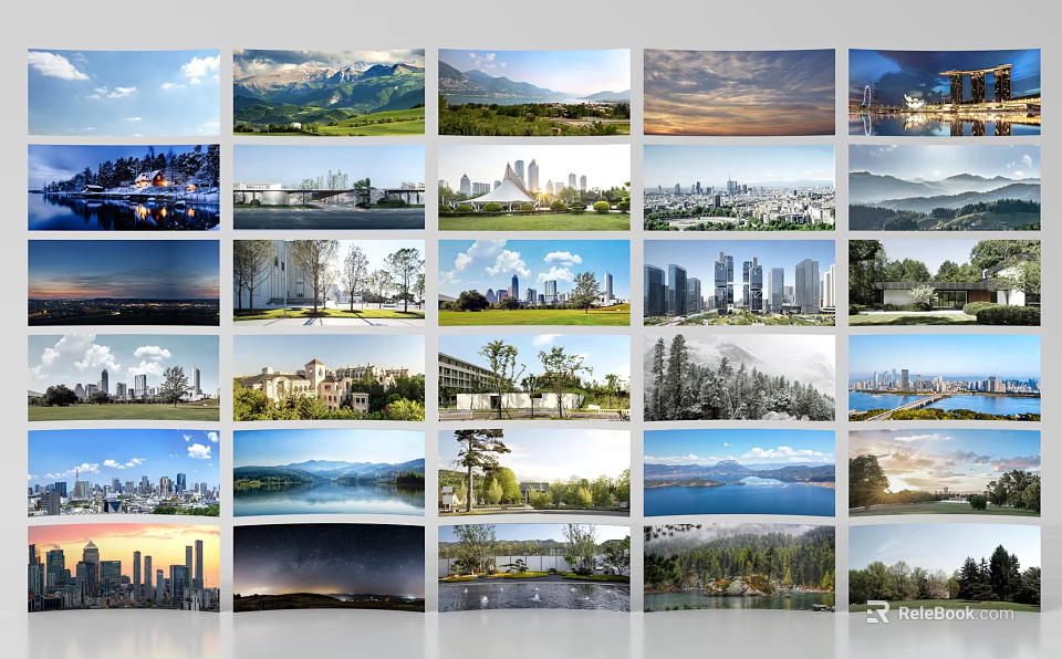 Diverse Scenery Collage Showcasing Mountain Views City Skylines Lakes Forests and Sunsets 3d model 
