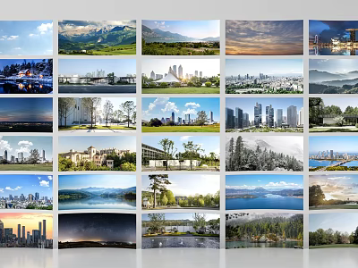 Diverse Scenery Collage Showcasing Mountain Views City Skylines Lakes Forests and Sunsets 3d model