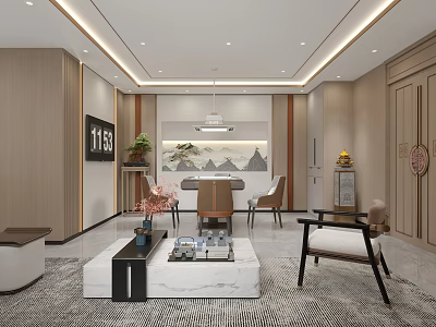 Modern Hotel Mahjong Room Interior With Elegant Tables Chairs And Decorative Lighting 3d model