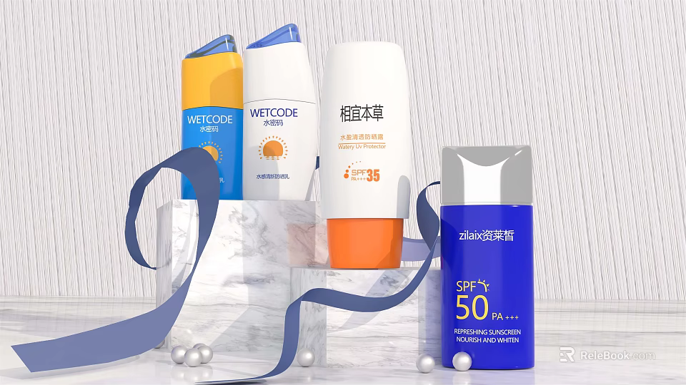 Cosmetic Skincare Sunscreen Products SPF 35 50 in Blue Orange White Containers with Ribbon Pearls 3d model 