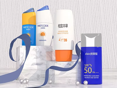 Cosmetic Skincare Sunscreen Products SPF 35 50 in Blue Orange White Containers with Ribbon Pearls 3d model