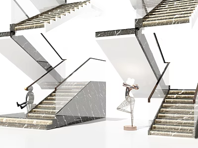 Modern Elegant Marble Staircase With Metal Railings And Sculpture Interior Decor 3d model