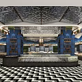 Luxurious Restaurant Interior With Blue Columns And Herringbone Floor Design 3d model