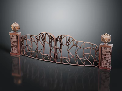 Ornate Wrought Iron Fence Design With Stone Pillars And Geometric Finials 3d model