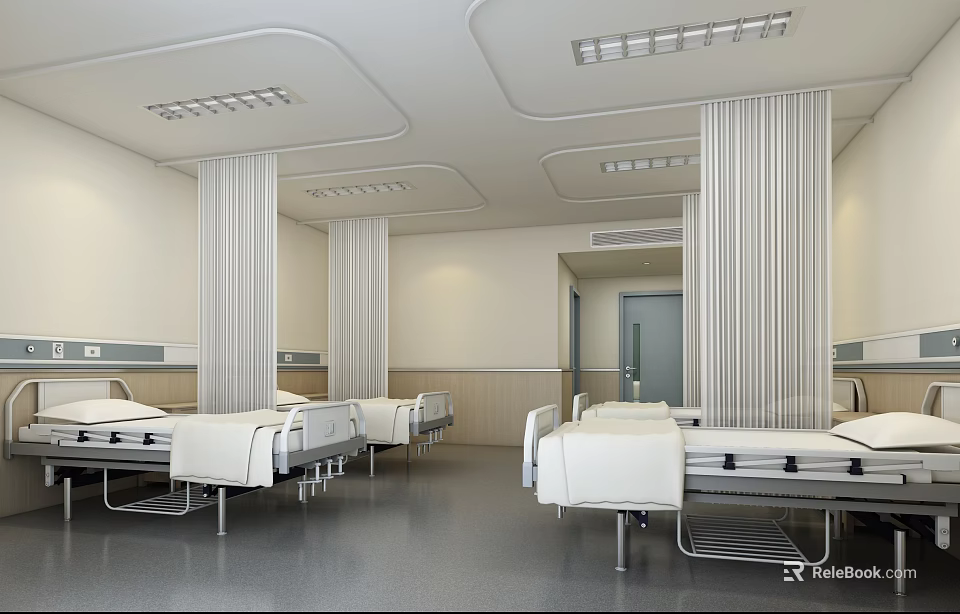Modern Hospital Ward Interior With Multiple Beds White Sheets And Curtains 3d model 