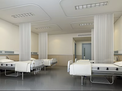 Modern Hospital Ward Interior With Multiple Beds White Sheets And Curtains 3d model