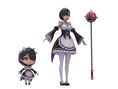 Game Anime Character In Maid Outfit Normal Size And Chibi Version With Magic Staff 3d model